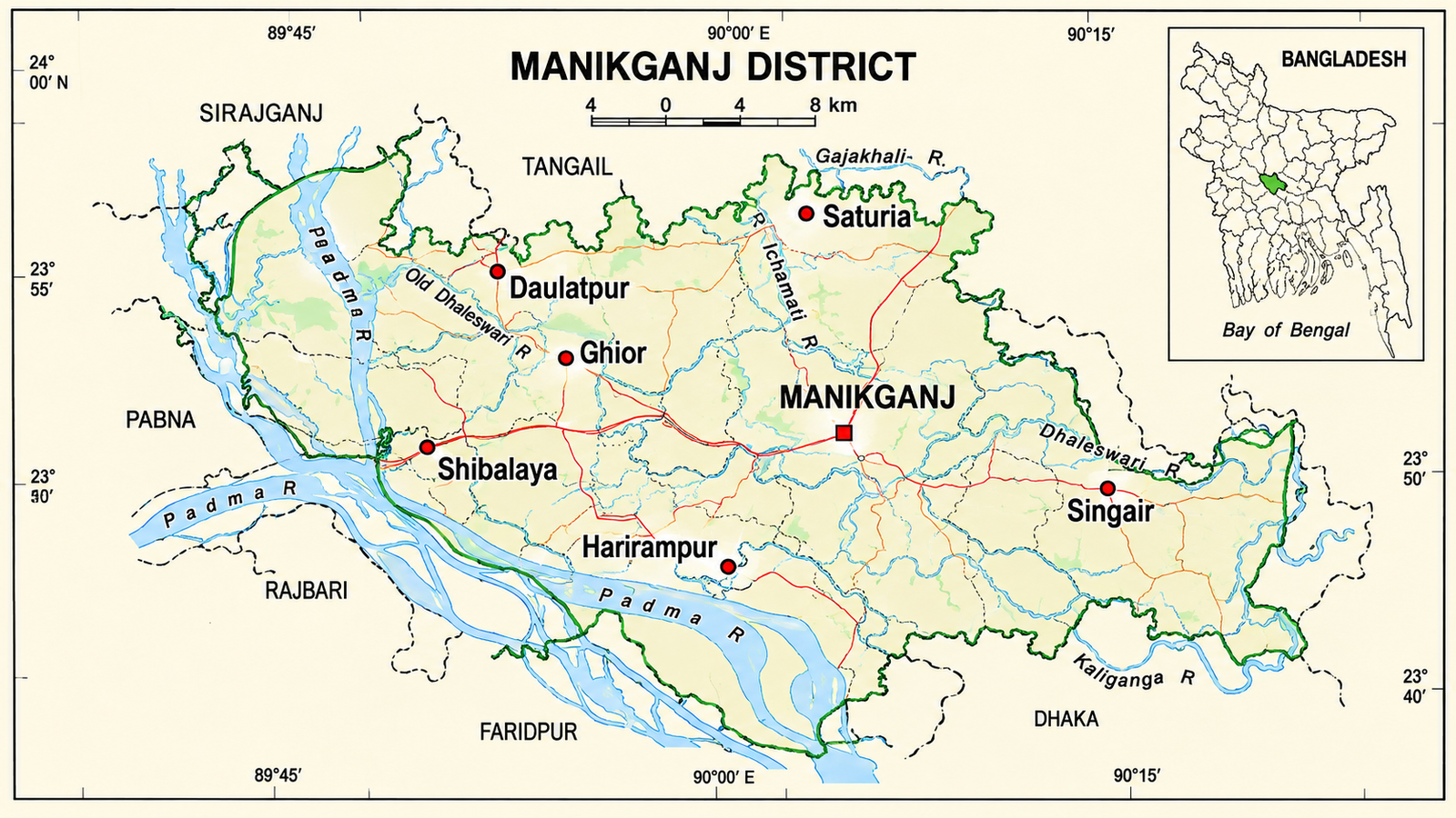 Atlas map of Manikganj District showing Manikganj Sadar and surrounding upazilas
